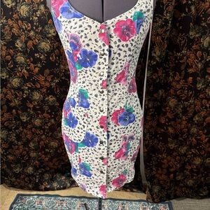 Vintage 90s Floral Denim Button Down Fitted Dress Paris Blues